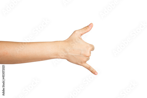 Close up of call me hand gesture isolated with white background. Shaka hand gesture.