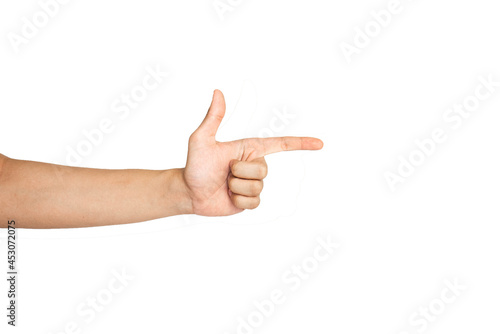 Close up of gun hand gesture isolated with white background. Pistol hand gesture. Pointing hand gesture.