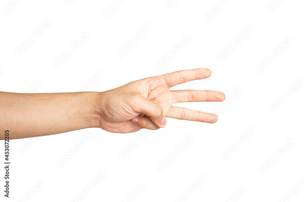 Close up of number three hand sign isolated with white background. Close up of number three hand sign isolated with white background.