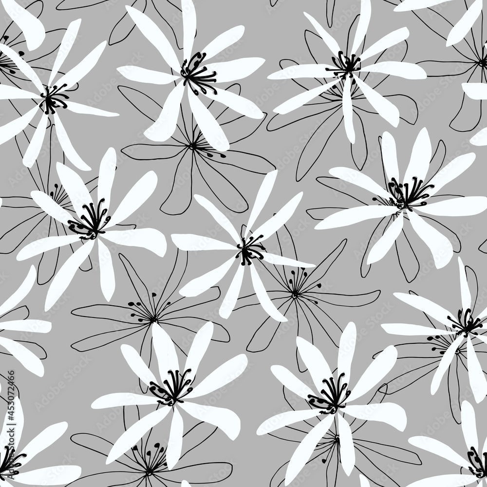 Vector seamless pattern of wildflowers, daisies, clematis on gray background. Hand-drawn. Botanical pattern. Design for posters, postcards, textiles, fabrics, prints, decor, paper, packaging.