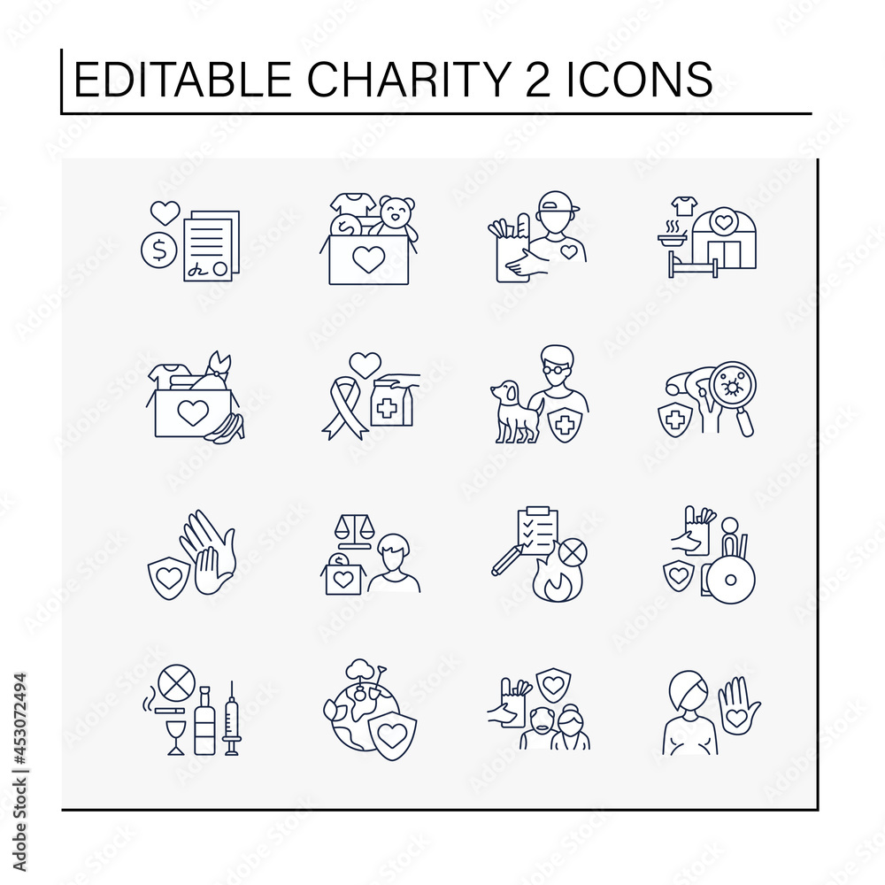 Charity line icons set.Organization collects money for people to help with medicines, food, care and temporary houses. Volunteering concept. Isolated vector illustrations. Editable stroke