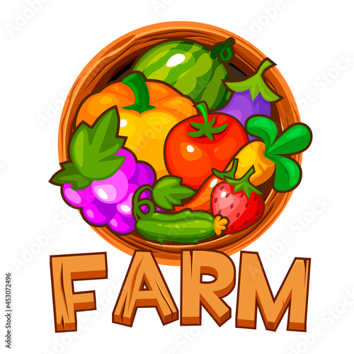 Wooden logo farm with berries and vegetables for UI.