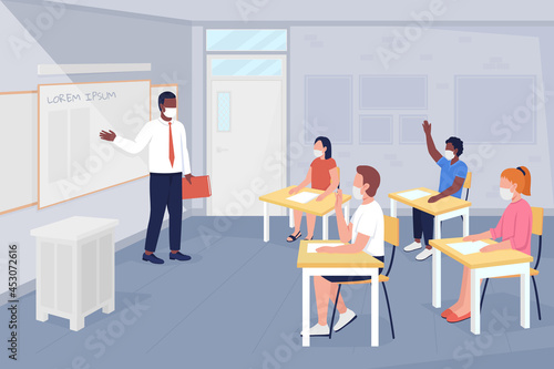 After covid school lesson flat color vector illustration. Studying and discussing. Pupil answers question. Teacher and students in masks 2D cartoon characters with interior on background