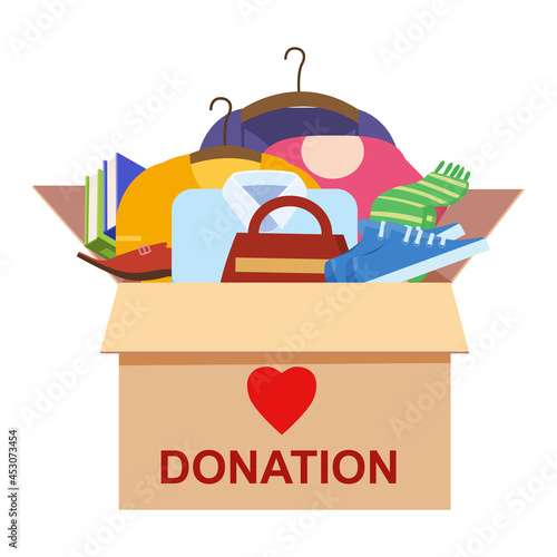 Donation cardboard box with clothes, wear, books, shoes for refugeesHelp for refugees, poor kids. Awareness and charity concept, vector, illustration flat cartoon style