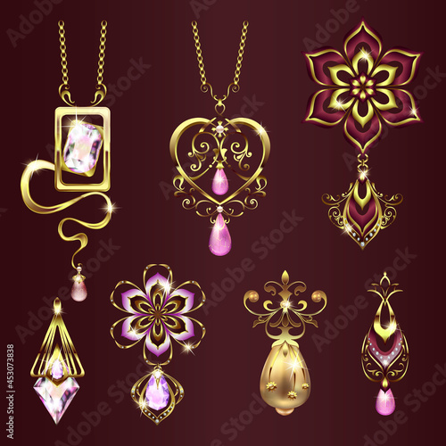 gold jewelry with ornaments and precious stones pendants, necklaces, hearts, flowers
