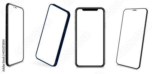 Smartphones collection at different angles, rotated positions. 3D realistic cell phones mockups with blanks screens. Vector isolated set. Mockup generic device. Mobile phones 3D. Vector smartphones