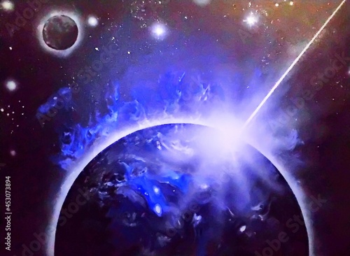 Fototapeta Naklejka Na Ścianę i Meble -  Lichtstrahl trifft Planeten im Universum, Bild mit Acryl und Airbrush