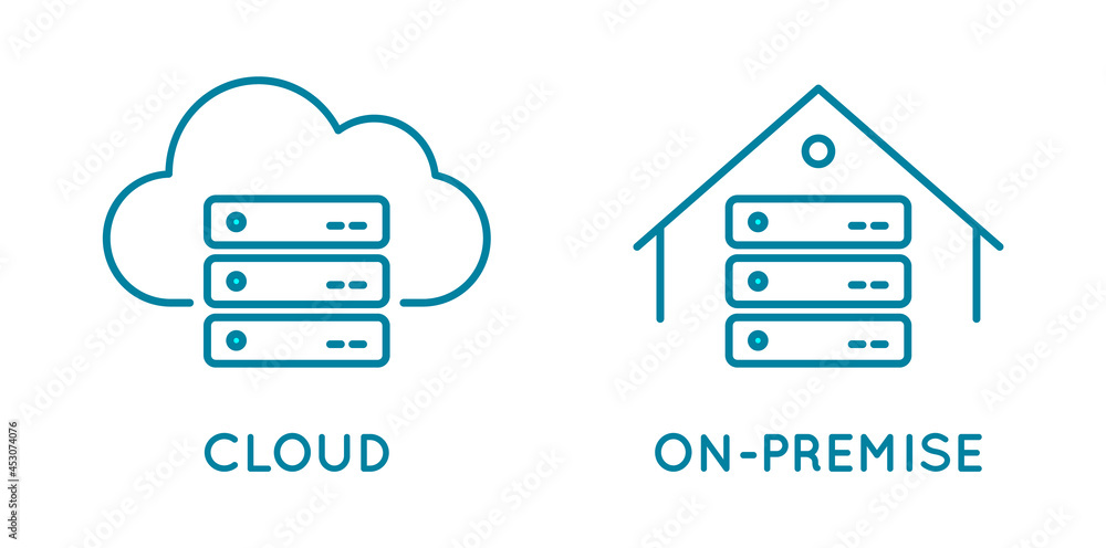 On-premise and cloud service line icon. Local network and cloud based solutions. In house infrastructure vs global network. Virtual and physical data storage. Vector illustration, flat, clip art. - obrazy, fototapety, plakaty 