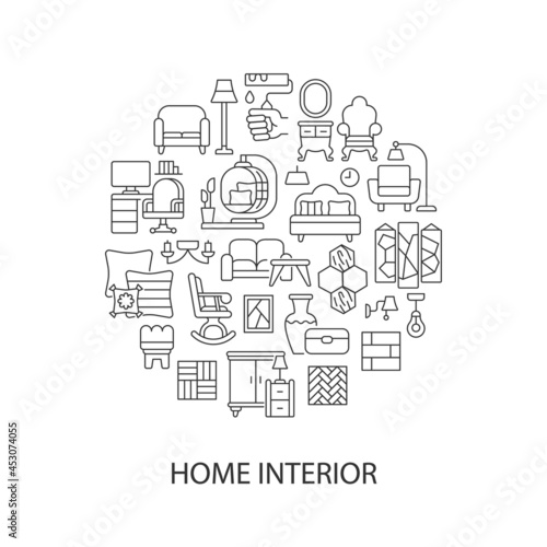 Home interior abstract linear concept layout with headline. Furniture and house decor minimalistic idea. Cozy lifestyle. Thin line graphic drawings. Isolated vector contour icons for background