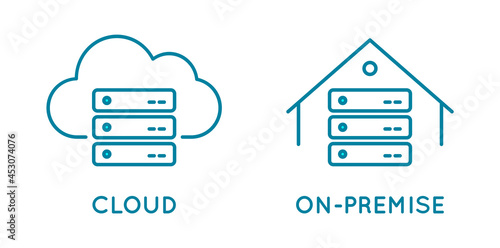 On-premise and cloud service line icon. Local network and cloud based solutions. In house infrastructure vs global network. Virtual and physical data storage. Vector illustration, flat, clip art. © Tasha Vector