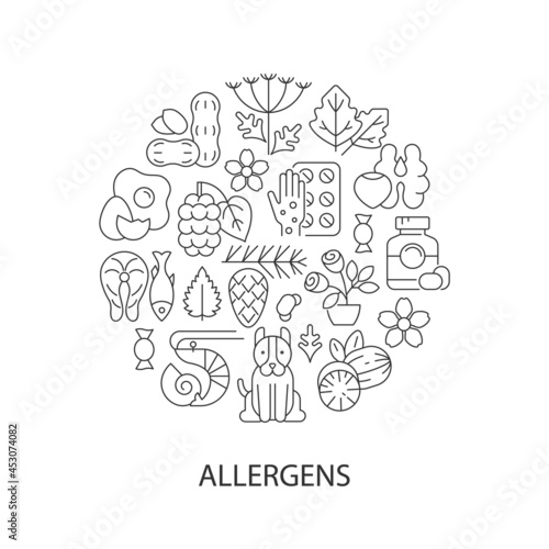 Common allergens abstract linear concept layout with headline. Allergy reaction reasons minimalistic idea. Rush sources. Thin line graphic drawings. Isolated vector contour icons for background