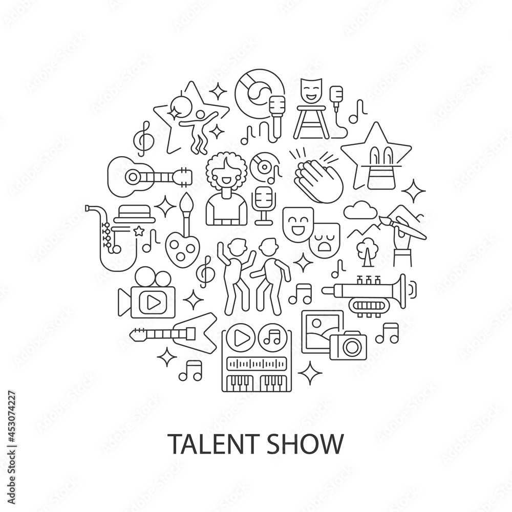 Talent show abstract linear concept layout with headline. Live entertainment. Fun and enjoyment. Live show minimalistic idea. Thin line graphic drawings. Isolated vector contour icons for background