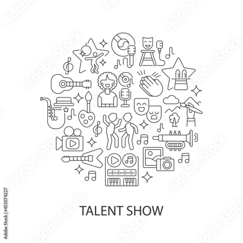 Talent show abstract linear concept layout with headline. Live entertainment. Fun and enjoyment. Live show minimalistic idea. Thin line graphic drawings. Isolated vector contour icons for background