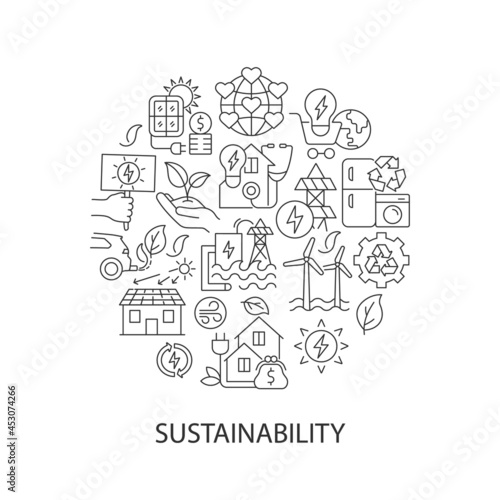 Sustainability abstract linear concept layout with headline. World ecology. Sustainability minimalistic idea. Thin line graphic drawings. Isolated vector contour icons for background