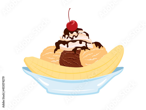 Classic Banana Split Ice Cream Sundae icon vector. Ice cream sundae with banana, chocolate icing and cherry on top vector. Banana split icon isolated on a white background