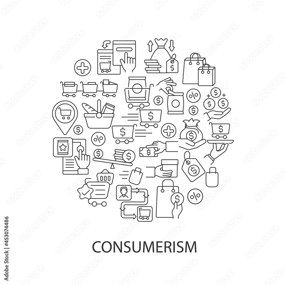 Consumerism abstract linear concept layout with headline. Sale for products. Sell goods. Commerce minimalistic idea. Thin line graphic drawings. Isolated vector contour icons for background Consumerism abstract linear concept layout with headline. Sale for products. Sell goods. Commerce minimalistic idea. Thin line graphic drawings. Isolated vector contour icons for background