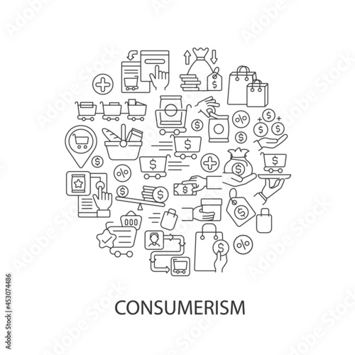 Consumerism abstract linear concept layout with headline. Sale for products. Sell goods. Commerce minimalistic idea. Thin line graphic drawings. Isolated vector contour icons for background