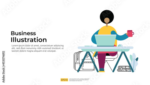 people cartoon character working remotely with laptop on desk. freelance sitting on workplace in flat style vector illustration