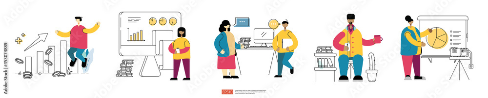 Business concept illustrations for marketing, Startup, discussion, investment, planning, freelance. business activity on office set collection with outline vector style