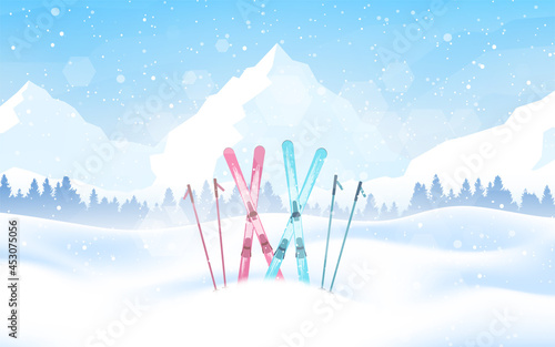 Banner of Winter Sport. Ski, poles. Mountain landscape. Travel concept of discovering. Adventure. Minimalist graphic flyer. Polygonal flat design for coupons, vouchers, gift card. Modern illustration.