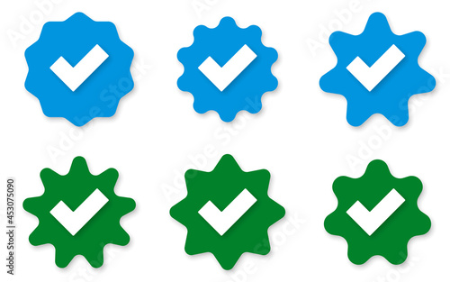 Social media account verification icons. Verified badge profile set. Isolated check mark on black, blue and white.