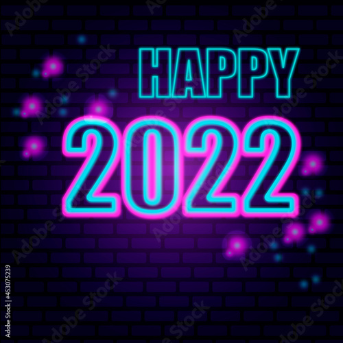 2022 number icon. Happy New Year. Neon style. Light decoration icon. Bright electric symbol