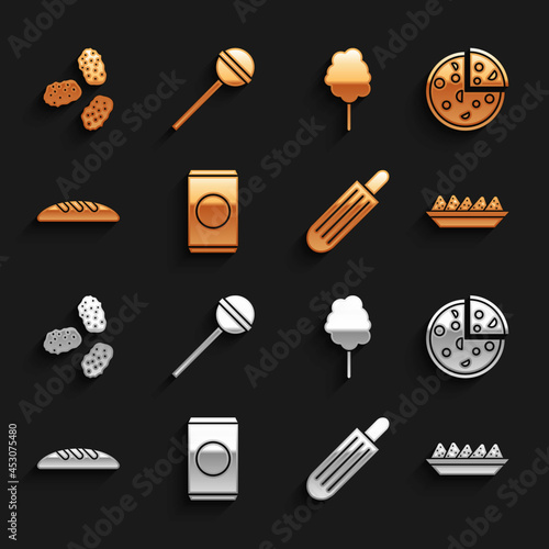 Set Soda can with straw, Pizza, Nachos in plate, French hot dog, Bread loaf, Cotton candy, Chicken nuggets and Lollipop icon. Vector