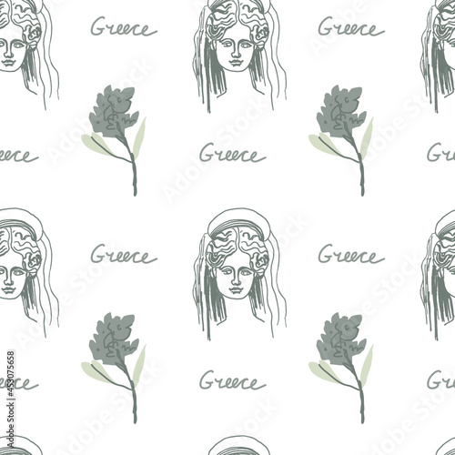 Vector seamless pattern with Greek ancient gods with gray colors. Repeating hand drawn ornament on white isolated background. Designs for textiles, fabric, wrapping paper, packaging, invitations. 