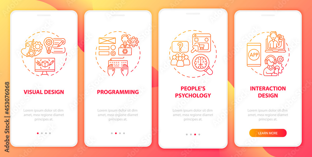 User experience design onboarding mobile app page screen. Visualization, psychology walkthrough 4 steps graphic instructions with concepts. UI, UX, GUI vector template with linear color illustrations User experience design onboarding mobile app page screen. Visualization, psychology walkthrough 4 steps graphic instructions with concepts. UI, UX, GUI vector template with linear color illustrations