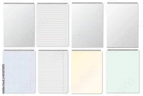 Squared and lined paper sheets of notebook or copybook. Vector realistic paper sheet of lines and squares notepad pages set isolated on transparent background