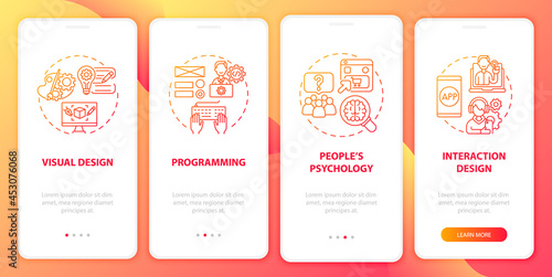 User experience design onboarding mobile app page screen. Visualization, psychology walkthrough 4 steps graphic instructions with concepts. UI, UX, GUI vector template with linear color illustrations