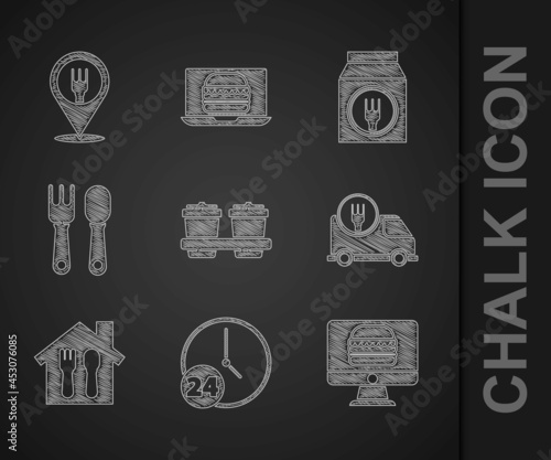 Set Coffee cup to go, Clock 24 hours, Online ordering and delivery, Fast by car, Fork spoon, and Cafe restaurant location icon. Vector