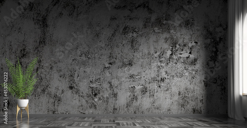Fototapeta Naklejka Na Ścianę i Meble -  Interior background of living room with black concrete stucco wall and pot with plant 3d rendering