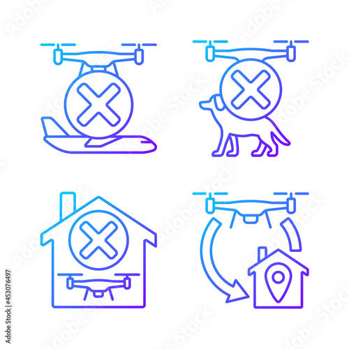 Drone instruction gradient linear vector manual label icons set. Avoid aircrafts, pets. Thin line contour symbols bundle. Isolated outline illustrations collection for product use instructions