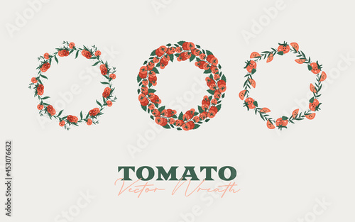 Tomato cartoon wreath set. Isolated on a white background. Cute character design. Vector Illustration.