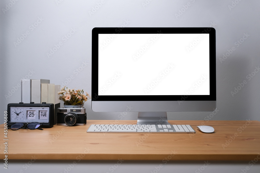 Blank screen desktop of computer on wooden table, comfortable workspace. Blank screen desktop of computer on wooden table, comfortable workspace.