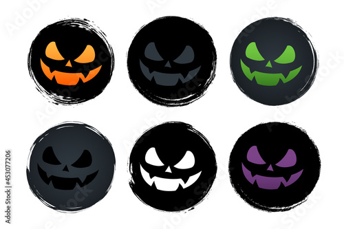 Brush stroke scary monster face. Set of circle, grunge, black paint, dirty brush strokes monsters. Creative elements for Halloween holiday designs. Vector illustration.