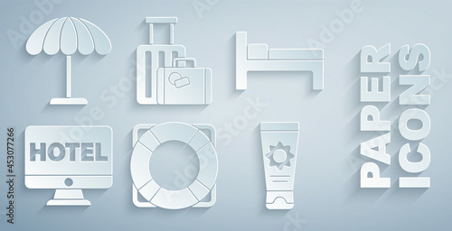 Set Lifebuoy, Bed, Online hotel booking, Sunscreen cream tube, Suitcase and protective umbrella for beach icon. Vector