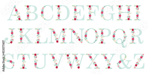 Cute vintage alphabet letters with hand drawn rustic flowers