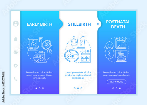 Parental leave entitlement cases onboarding vector template. Responsive mobile website with icons. Web page walkthrough 3 step screens. Infant death color concept with linear illustrations