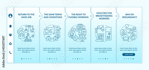 Return to workplace employee rights onboarding vector template. Responsive mobile website with icons. Web page walkthrough 5 step screens. Same work conditions color concept with linear illustrations