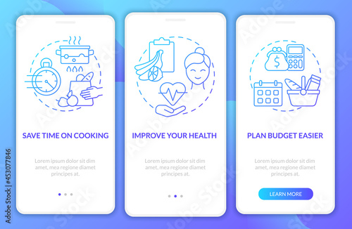 Reasons for meal planning blue gradient onboarding mobile app page screen. Cooking walkthrough 3 steps graphic instructions with concepts. UI, UX, GUI vector template with linear color illustrations