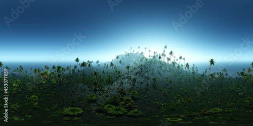 Jungle in the mountains in the morning, HDRI, environment map , Round panorama, spherical panorama, equidistant projection, panorama 360, 3d rendering