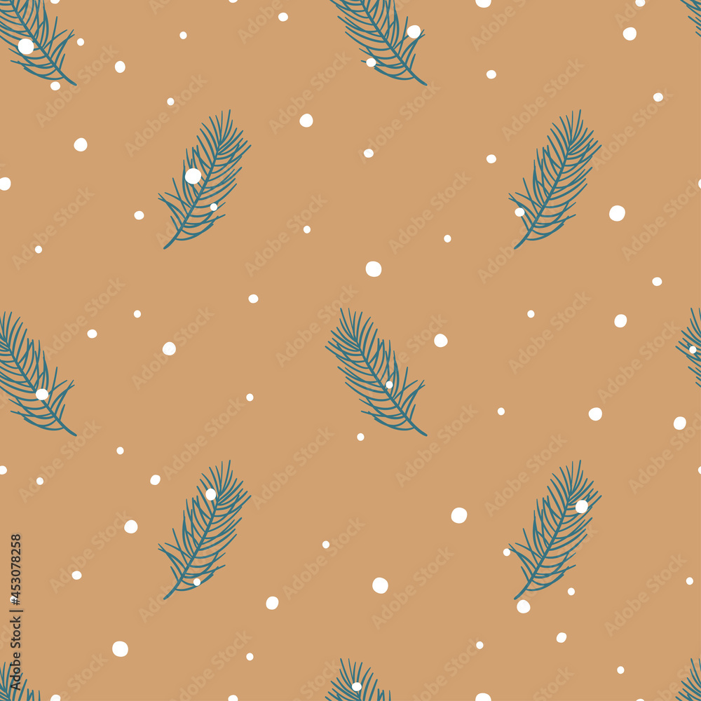 Christmas pattern on craft paper. Christmas tree twigs and snow. Christmas pattern on craft paper. Christmas tree twigs and snow.