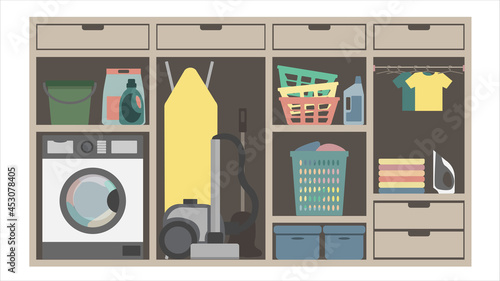 Washing machine, baskets and box organization in closet. Storeroom with boxes, vacuum cleaner and iron.