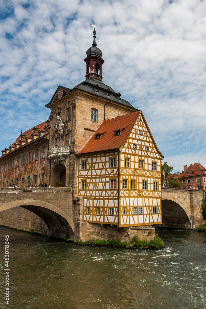 Title: Old Town Hall (Constructed 1386), built in the middle of the Regnitz River, located in the UNESCO heritage city, Bamberg, Germany.