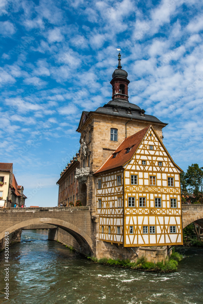 Title: Old Town Hall (Constructed 1386), built in the middle of the Regnitz River, located in the UNESCO heritage city, Bamberg, Germany. Title: Old Town Hall (Constructed 1386), built in the middle of the Regnitz River, located in the UNESCO heritage city, Bamberg, Germany.