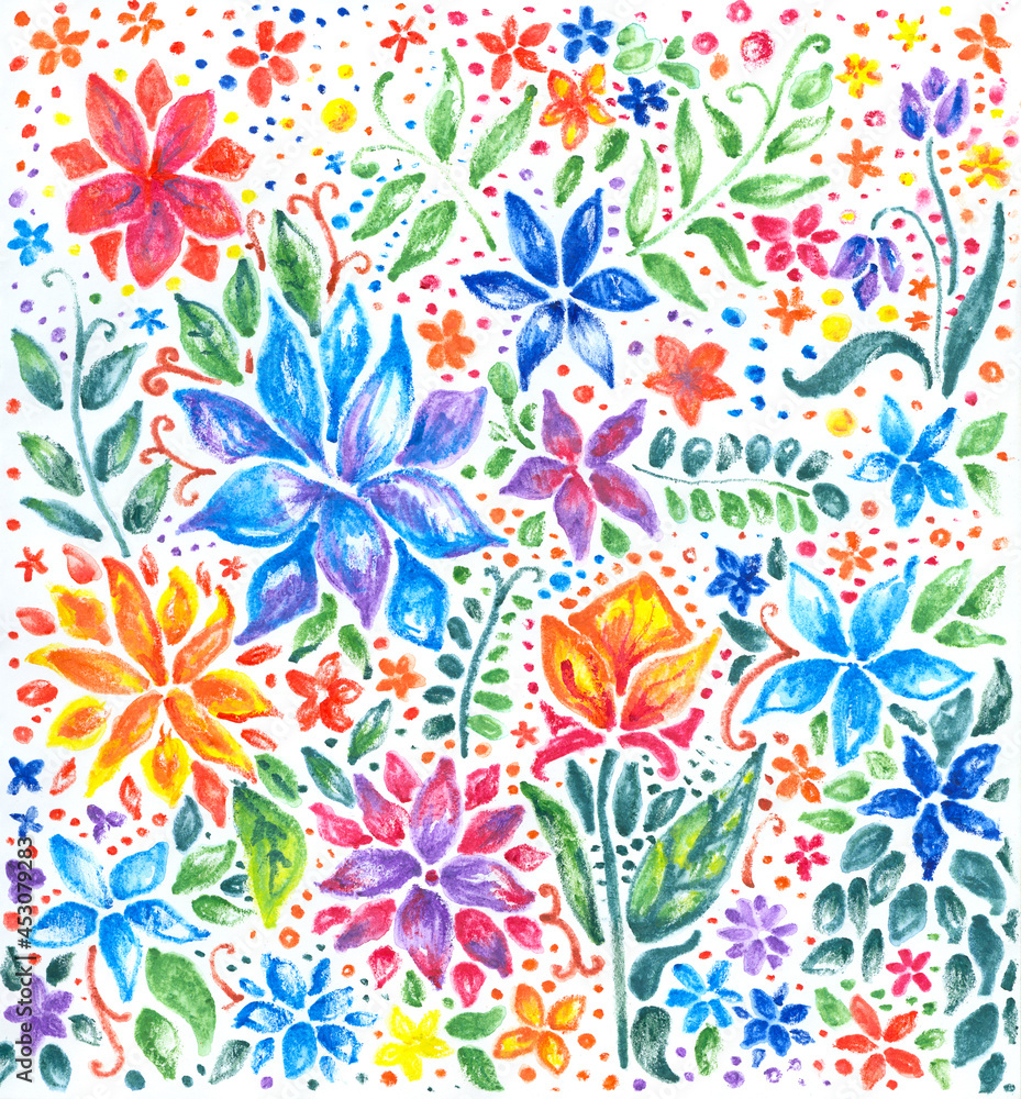 Colorful flowers drawn by watercolor pencils. Summer pattern