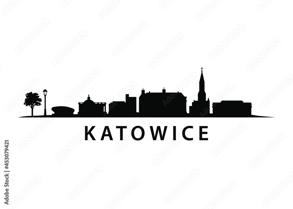 Katowice european city in Poland, buildings, streets, old town and landmarks, polish architecture, panorama landscape skyline flat vector graphic