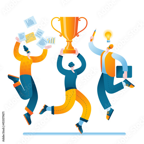 People are jumping merrily with a victory cup in their hands. Vector illustration in a flat style on the theme of the success of teamwork.